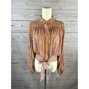NWT Rachel Roy Orange Floral Tie Front Crop Blouse Womens XL Dolman Sleeve Boho
